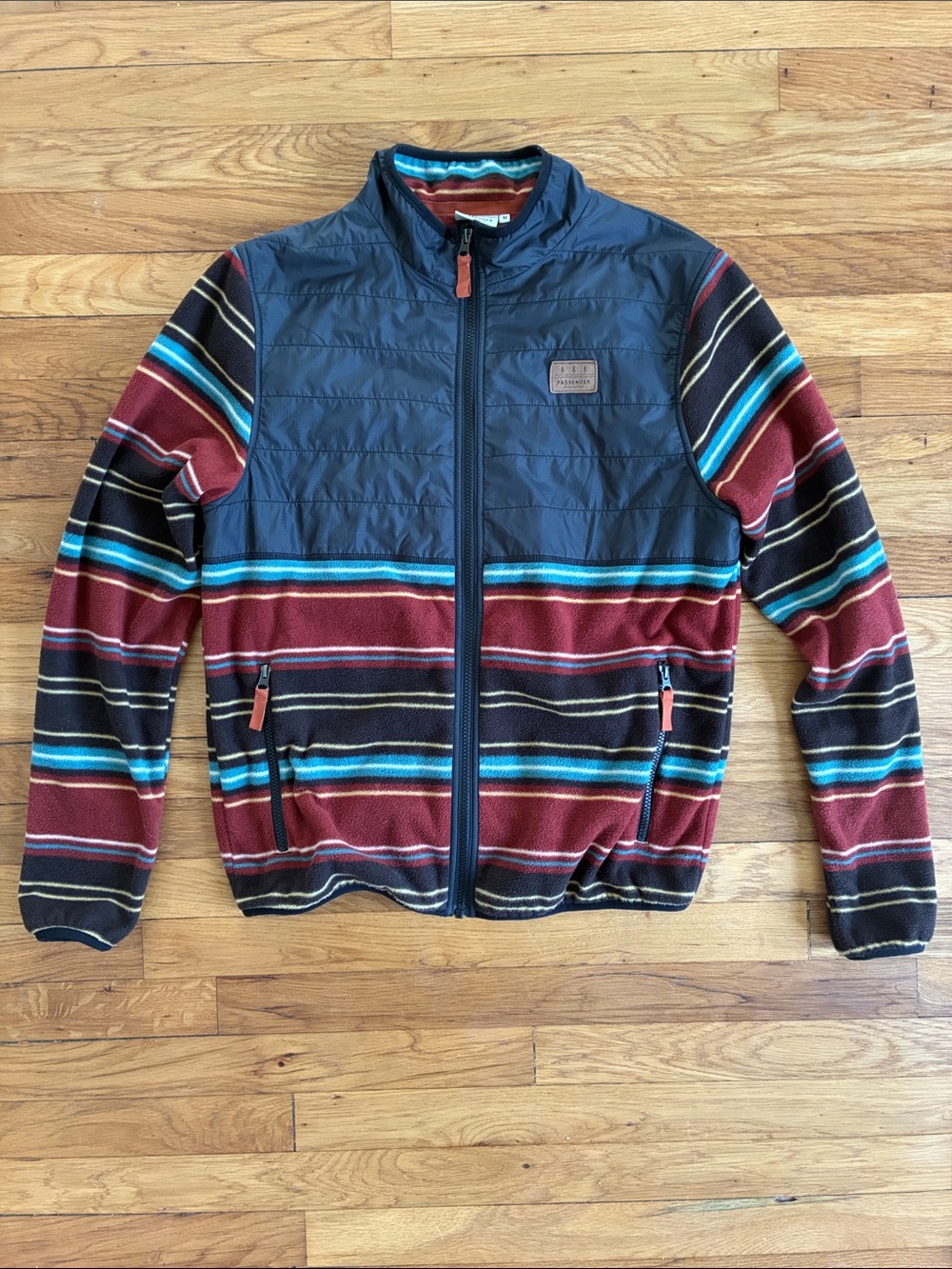 Passenger Fleece Full Zip Up Jacket Mens Medium Striped Quilted Pockets Outdoor